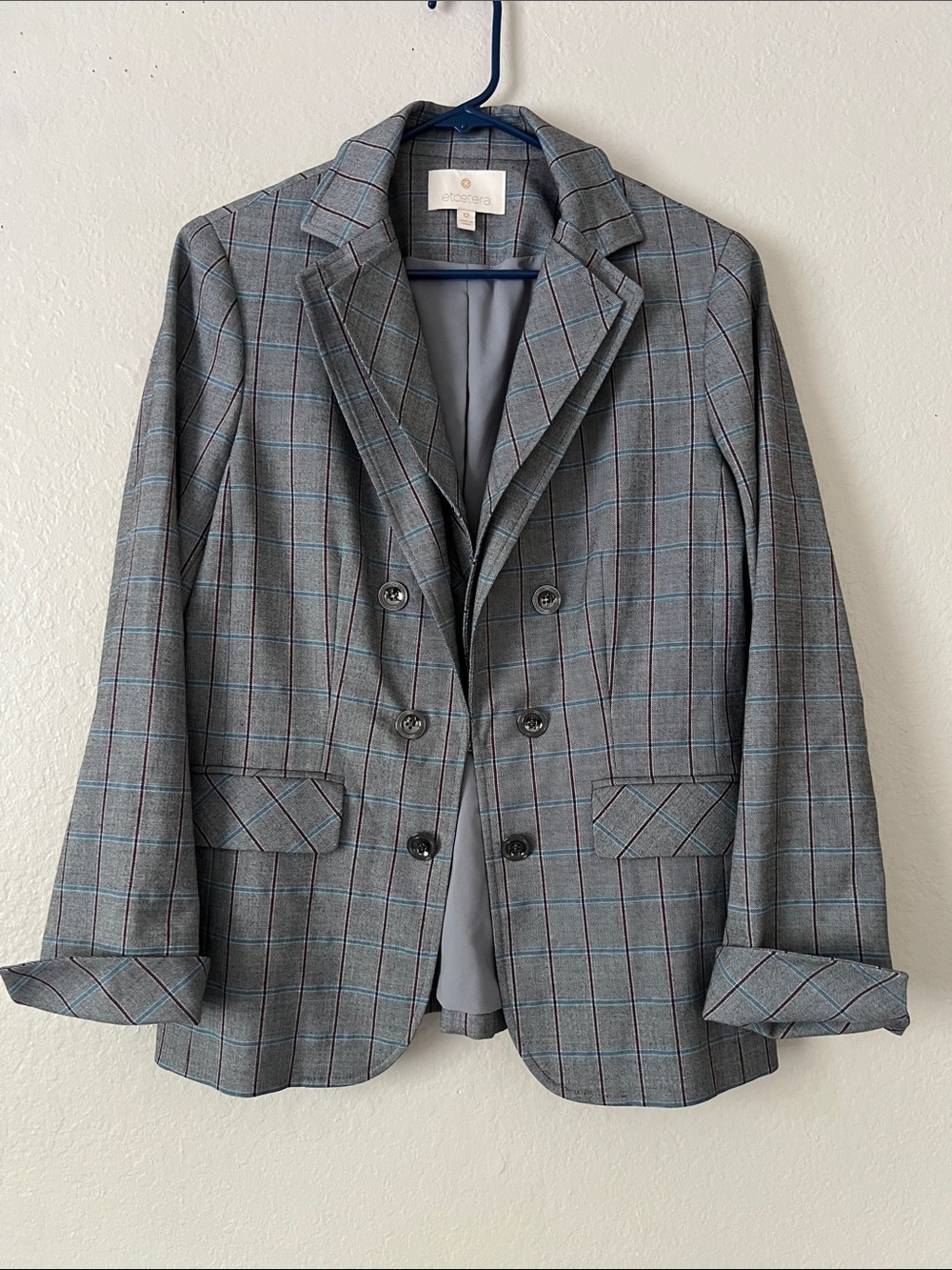 Like New! ETCETERA Plaid Folded Cuffs Structured Lapels Blazer Gray Size 12